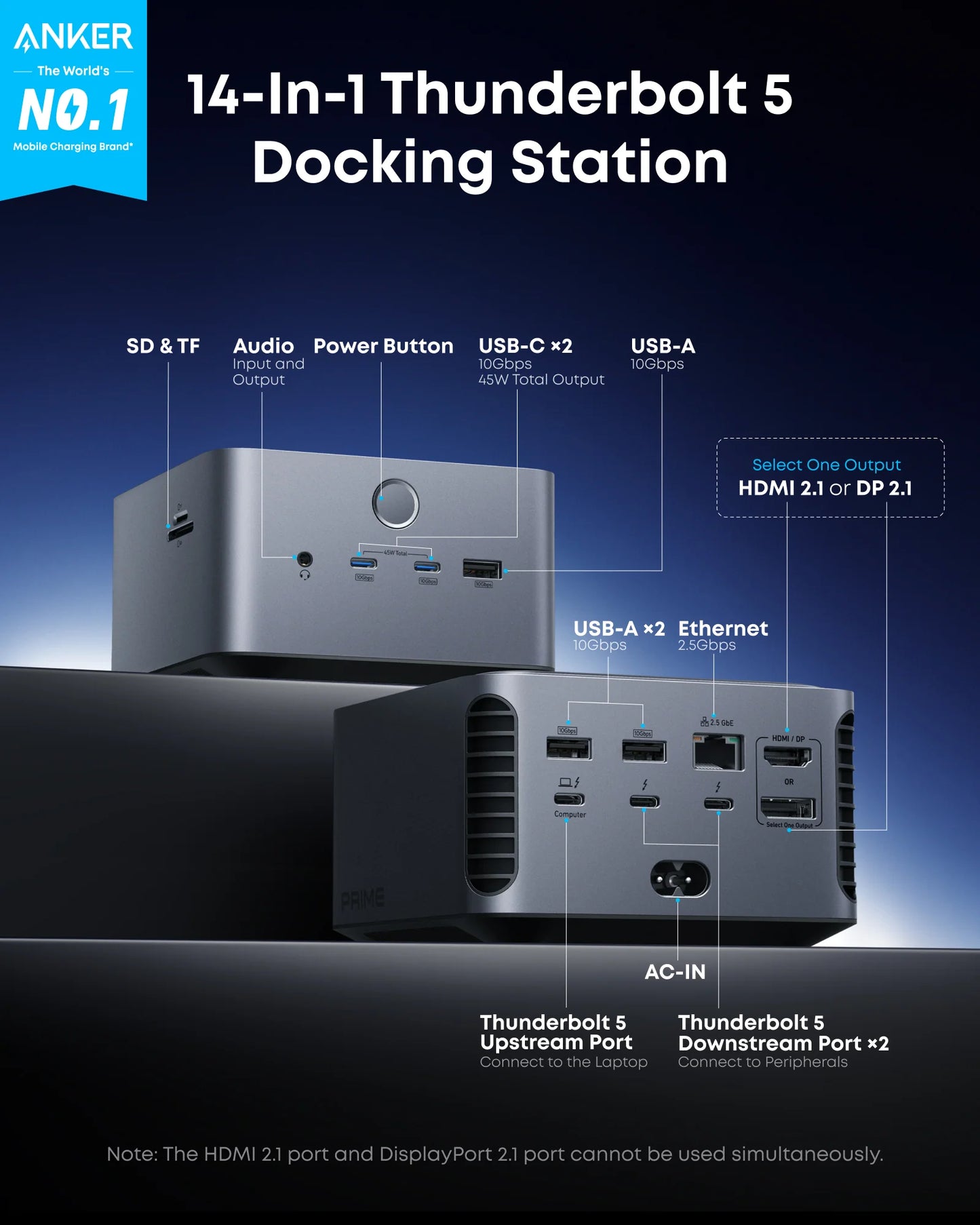 Anker Prime 14-in-1 Thunderbolt 5 Docking Station (8K Display, 140W Power, Dual Display Support, Fast Charging Hub)