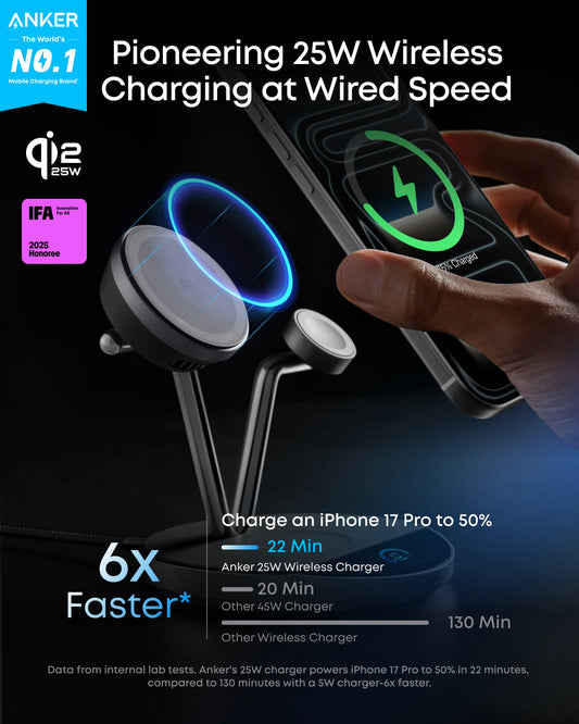 Anker Prime 3-in-1 MagGo Wireless Charging Station | 25W Fast MagSafe Charger with TEC Cooling & Smart Display