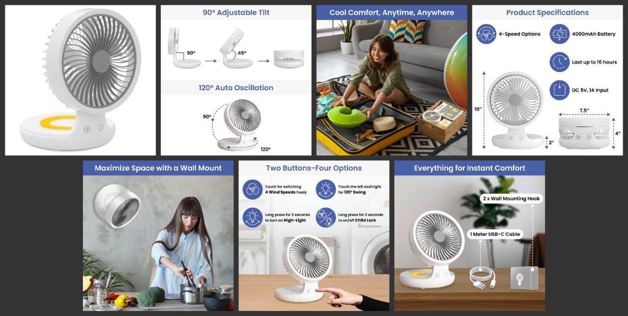 8-Inch Portable USB Rechargeable Desk Fan – Quiet, Battery-Operated with Adjustable Speeds for Home, Office, and Bedroom Use