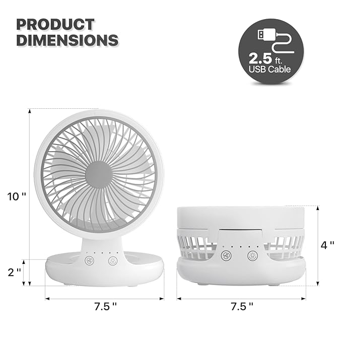 8-Inch Portable USB Rechargeable Desk Fan – Quiet, Battery-Operated with Adjustable Speeds for Home, Office, and Bedroom Use