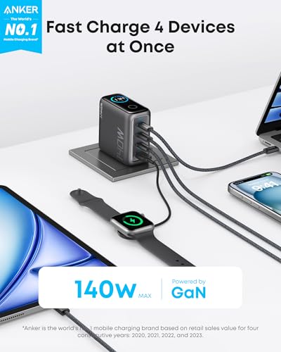 Anker 140W USB-C GaN Charger with 4-Port Fast Charging, Smart Display for Laptops and Phones