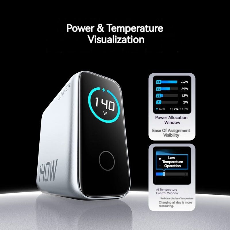 Anker 140W USB-C GaN Charger with 4-Port Fast Charging, Smart Display for Laptops and Phones