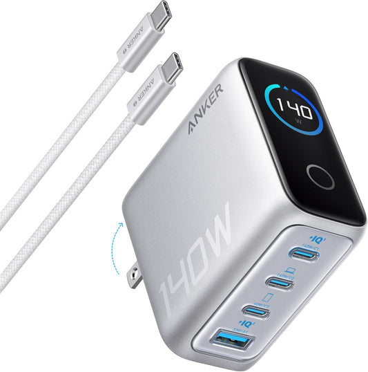 Anker 140W USB-C GaN Charger with 4-Port Fast Charging, Smart Display for Laptops and Phones