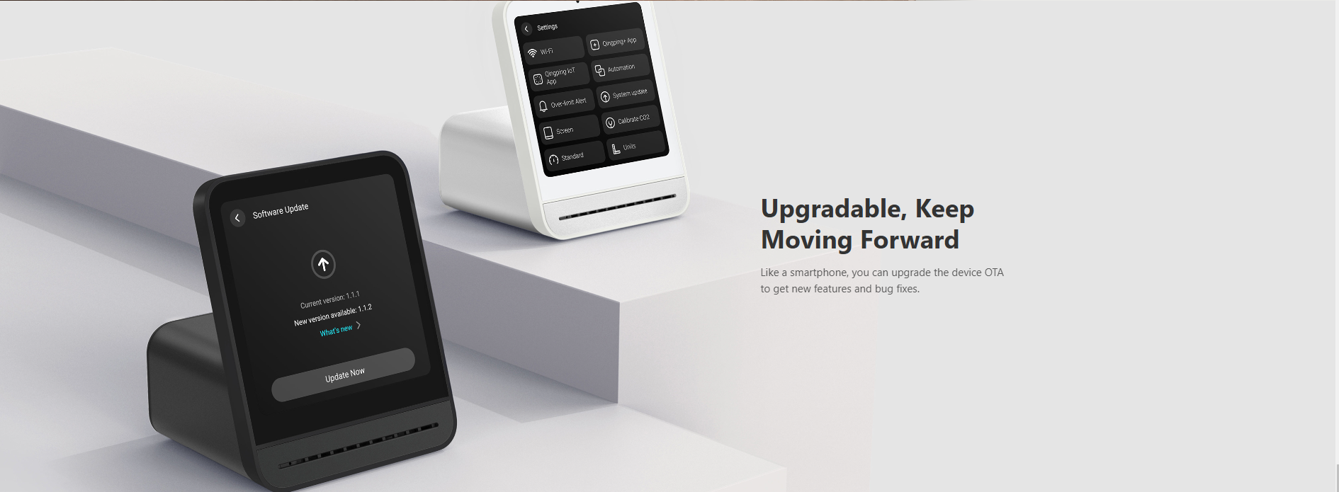 Qingping Air Monitor 2 -  7 metrics · Replaceable PM sensor · Automation · Touchscreen · Wi-Fi connectivity